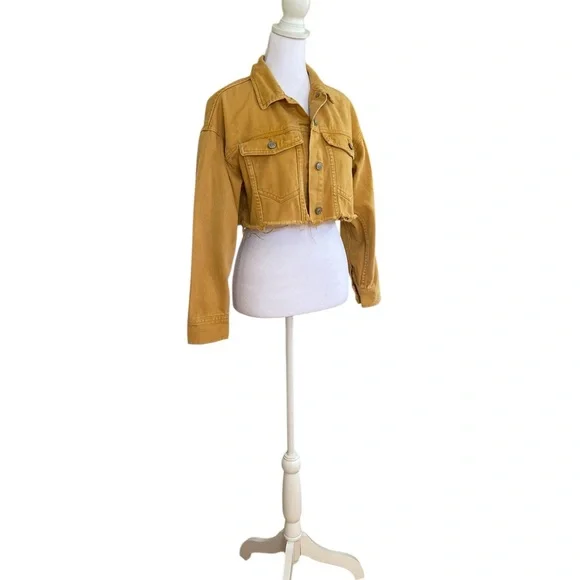 PacSun Mustard Yellow Cropped Jean Jacket Women’s Sz XS Raw Frayed Hem Denim - Picture 4 of 14
